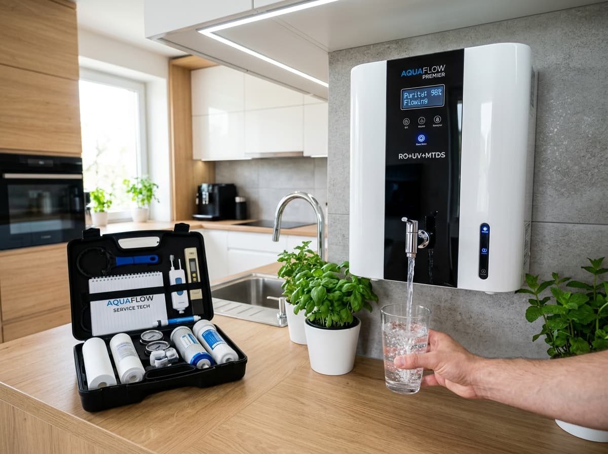 Modern RO water purifier unit dispensing clean drinking water with service toolkit in Mumbai